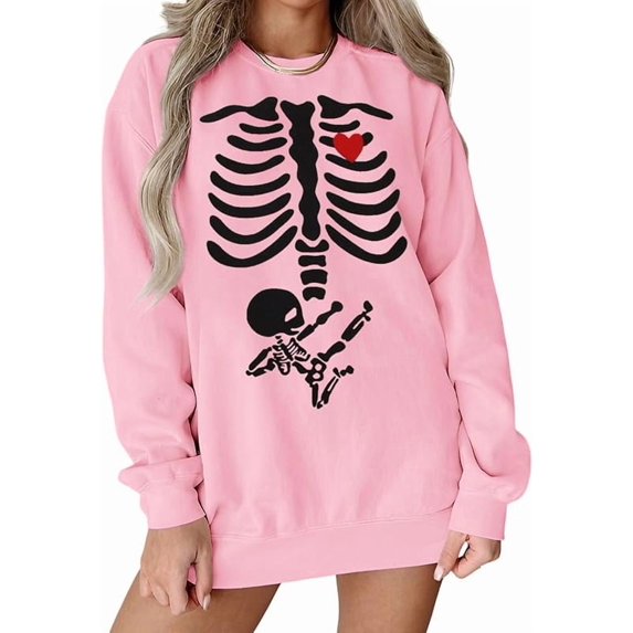 Women Halloween Sweatshirt X-Ray Skeleton Maternity Sweatshirt Funny Pregnancy Announcement Crewneck Pullover Tops