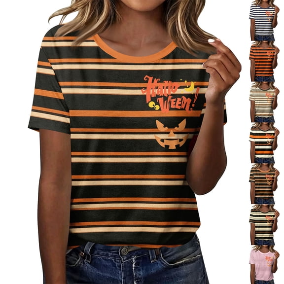Women Halloween T-Shirts Casual Family Halloween Costume Tops Crew Neck Halloween Cute Soft Casual Holiday Tops Halloween Letter Novelty Graphic Tees
