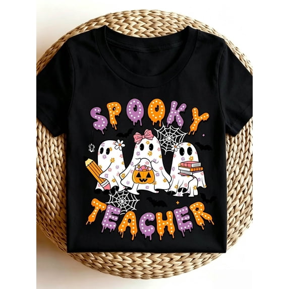 Women Halloween Teacher Ghost Bow Books Bats Graphic T-Shirt - Walmart.com