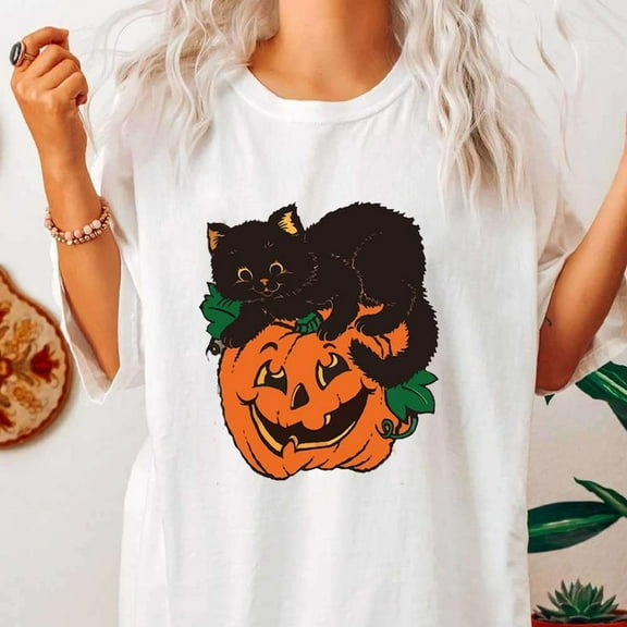 Women Halloween Tee White S-5XL Cat Pumpkin Vintage Graphic Short Sleeve Cotton T-Shirt Top Fall Sweatshirt