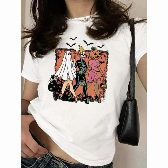 Women Halloween Tee White S-5XL Vintage Graphic Round Neck Short Sleeve Cotton T-Shirt Top Casual Fall Outfit