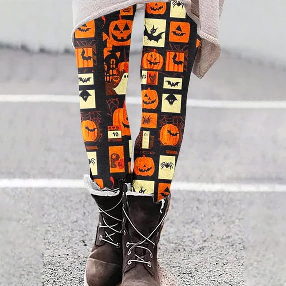 Women Halloween Themed Print High Waist Full Length Leggings Multi B L
