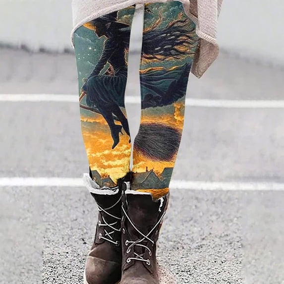 Women Halloween Themed Print High Waist Full Length Leggings Multi G L