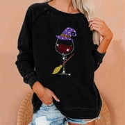 SOOMLON Women Halloween Tops Wine Glass Print Top Halloween Witch T-Shirt Broom Witch Top Letter Print Shirts Spider Web Graphic T-shirt Breakfast Letter Print Top