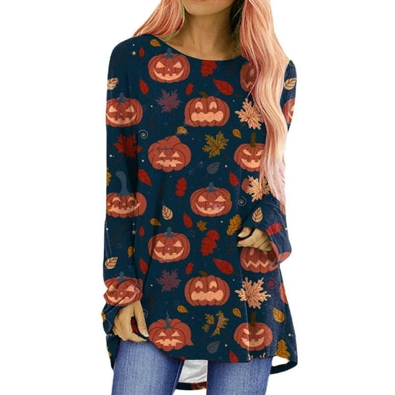 Women Halloween Tunic Shirt Plus Size Pumpkin Graphic Printed Long Sleeve Pullover Tops Alsol Lamesa