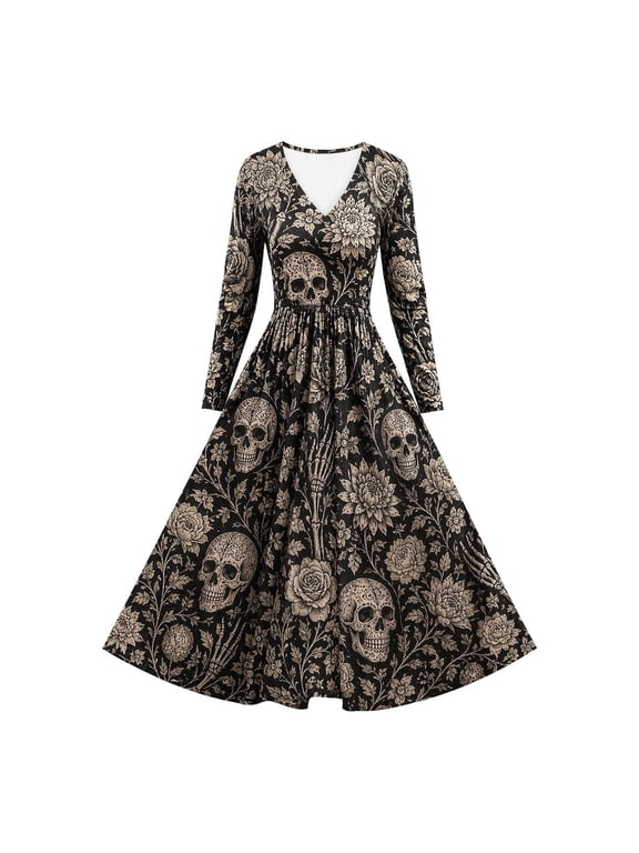 Women Halloween V Neck Long Sleeve A Line Midi Dress, Vintage Skull Floral Print Flared Swing Dress for Holiday Party