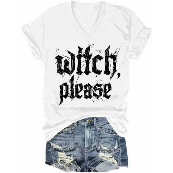 Women Halloween V Neck Shirt Halloween Witch Please T-Shirt Vintage Witches Short Sleeve Tee Tops