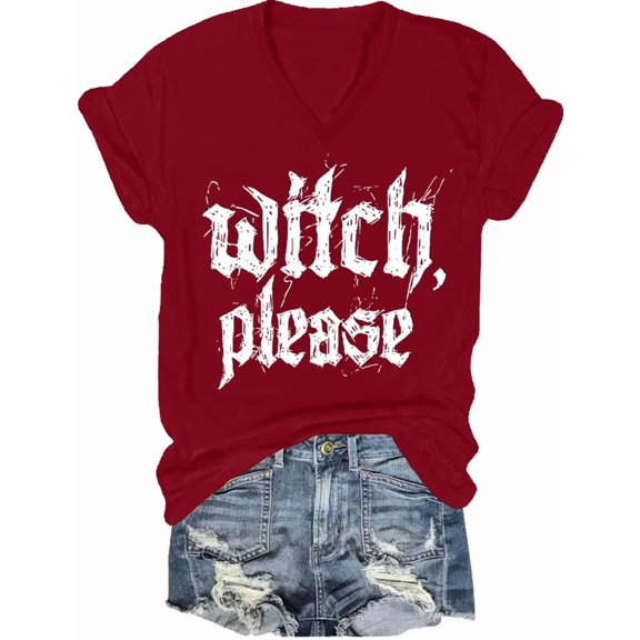 Women Halloween V Neck Shirt Halloween Witch Please T-Shirt Vintage Witches Short Sleeve Tee Tops