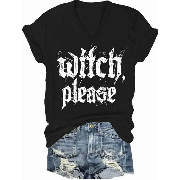Women Halloween V Neck Shirt Halloween Witch Please T-Shirt Vintage Witches Short Sleeve Tee Tops