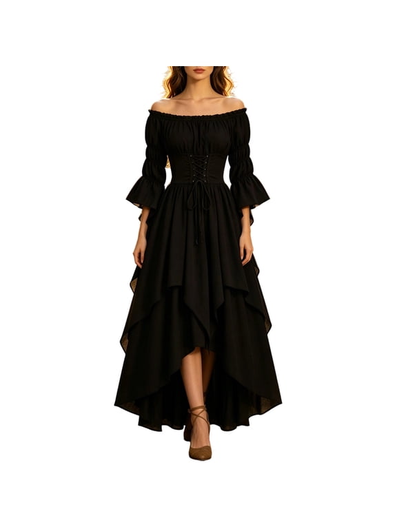Women Halloween Waist Cinching Dress Off Shoulder Cutout Sleeve Gothic Ruffle Tiered Midi Dress Court Style Holiday Dress Multi-Color Vintage Slim Casual Slips
