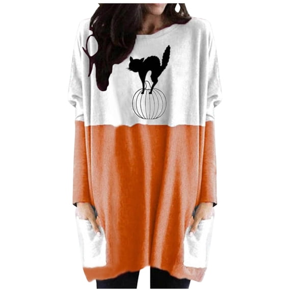 Women Halloween Winter Round Neck Sweatshirt Splicing Printed Long Sleeve Sweater Tee T Shirt Top Pack 1