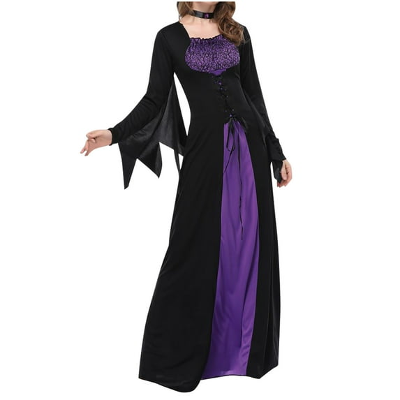 Women Halloween Witch Dress Vampire Cosplay Party Black Gothic Dress with Corset Floor Length Vintage Medieval Dress