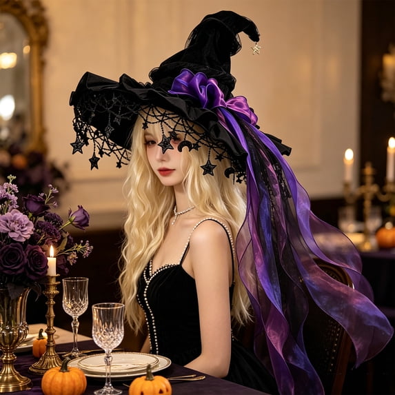 Women Halloween Witch Hat for Party Costume Cosplay, Ruffled Purple Bow Star Moon Lace Veil, Costume Accessory, Cosplay and Everyday Wear, Comfortable, Thick Material, Breathable, 18"x14"