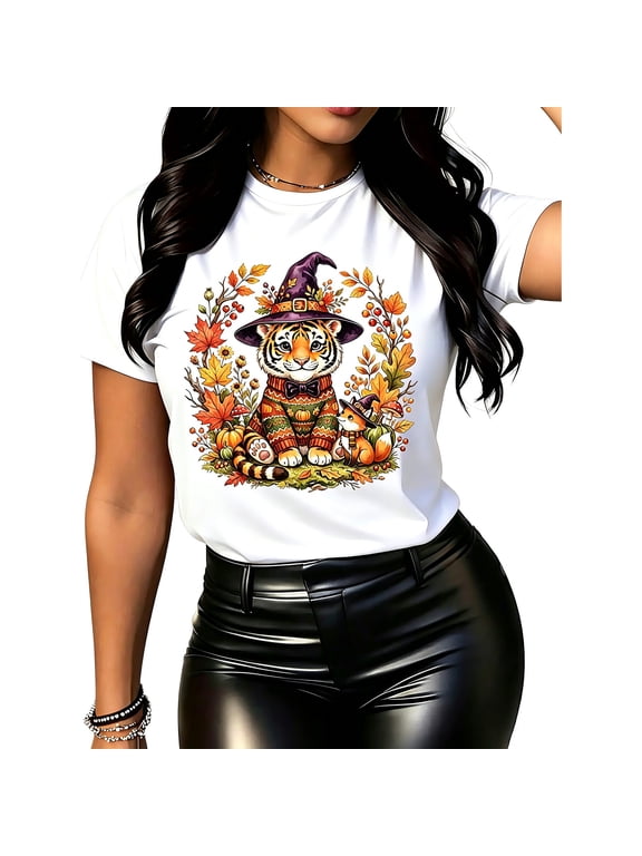 Women Halloween Witch Hat Tiger Fox Fall Graphic White Crew Neck Short Sleeve Casual T-Shirt