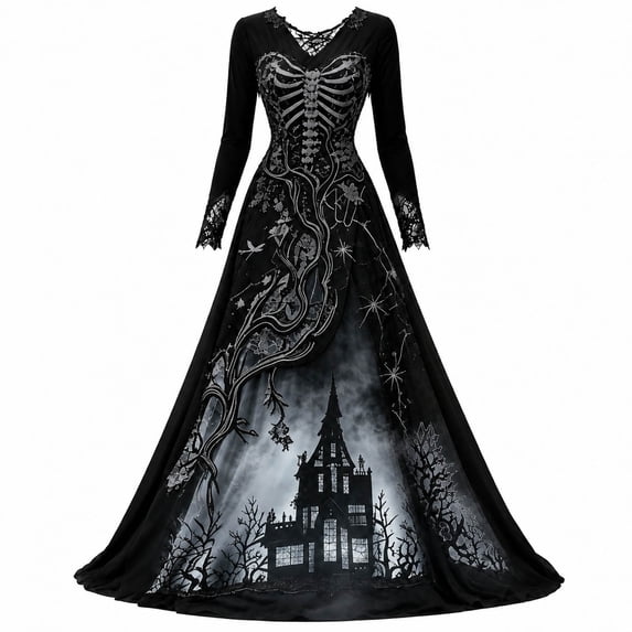 Women Halloween Witch Maxi Dress, Long Sleeve V Neck Lace Cuff A Line Floor Length Dress, Gothic Haunted House Printed Evening Party Dress