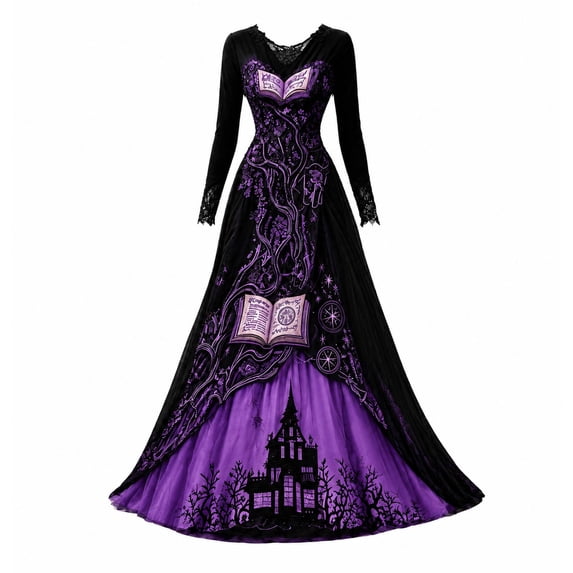 Women Halloween Witch Maxi Dress, Long Sleeve V Neck Lace Cuff A Line Floor Length Dress, Gothic Haunted House Printed Evening Party Dress