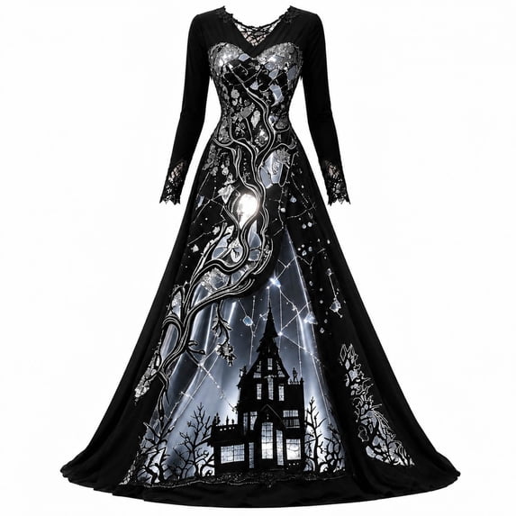 Women Halloween Witch Maxi Dress, Long Sleeve V Neck Lace Cuff A Line Floor Length Dress, Gothic Haunted House Printed Evening Party Dress