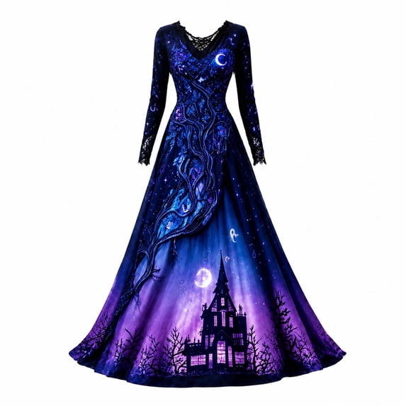 Women Halloween Witch Maxi Dress, Long Sleeve V Neck Lace Cuff A Line Floor Length Dress, Gothic Haunted House Printed Evening Party Dress
