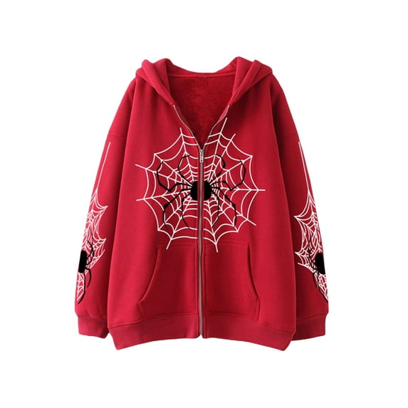 Women Halloween Y2k Zip Up Hooded Coat Long Sleeve Graphic Spider Web Print Sweatshirts Harajuku Jacket