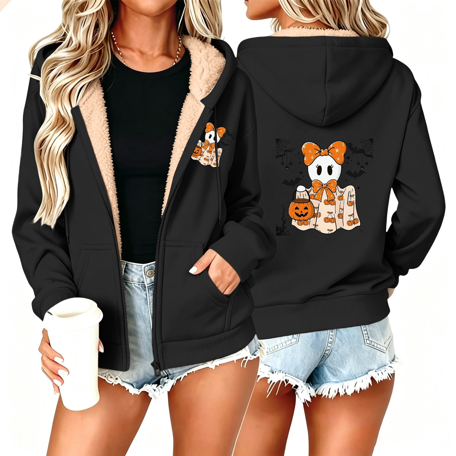 Women Halloween Zip Up Hoodie Fleece Lined Long Sleeve Print Oversized ...