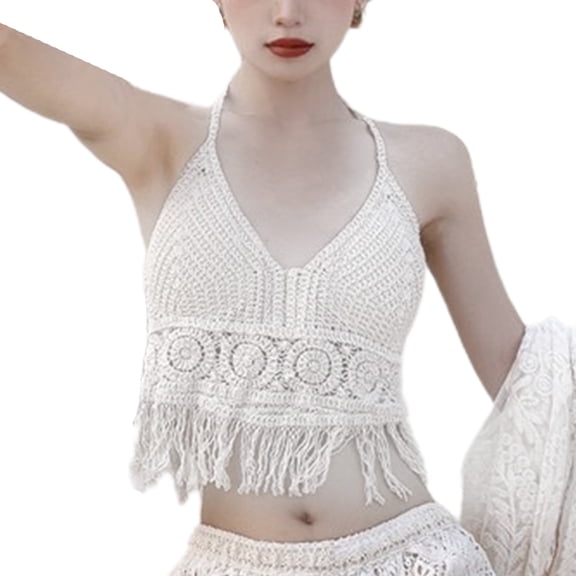 Women Halter Bikini Bra Crochet Tassels Camisole Sexy Backless Beach Bralette