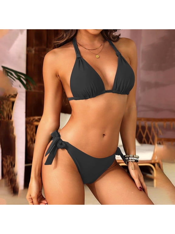 Women Halter Bikini Set - Two Piece Triangle Swimsuit Tie Bathing Suit Cute Swimwear Black S