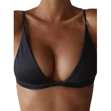 Women Halter Bikini Top Sexy Triangle Padded Push Up V-Neck Solid Spaghetti Strap Swim Tops