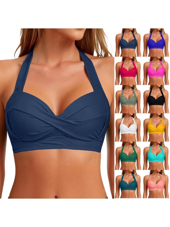 Women Halter Bikini Tops Push Up Retro Bathing Suits Padded Swimsuit Top Black L
