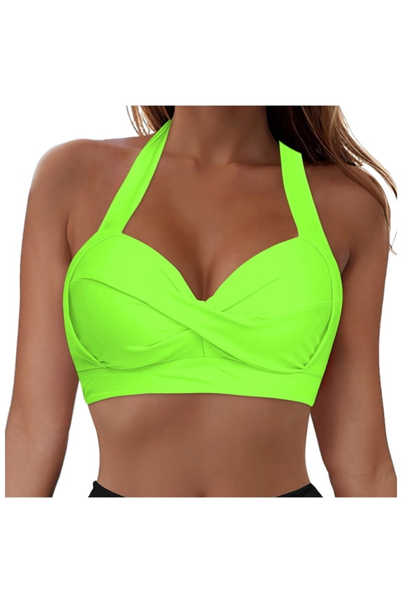 Women Halter Bikini Tops Push Up Retro Bathing Suits Padded Swimsuit Top Only No Bottom (Green, XL)