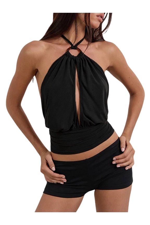 Women Halter Camis Top Sleeveless Open Back Cut Out Ruched Crop Tank Top Y2k Beach Camisole