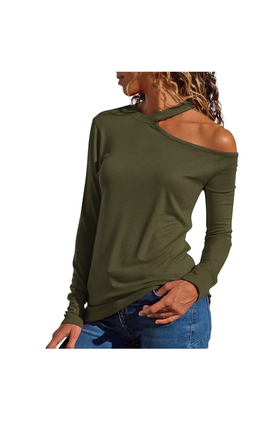 Women Halter Cold Shoulder Blouse Long Sleeve One Side Starppy Cut Out Shirts Sexy Casual Going Out Tunic Tops Army Green S
