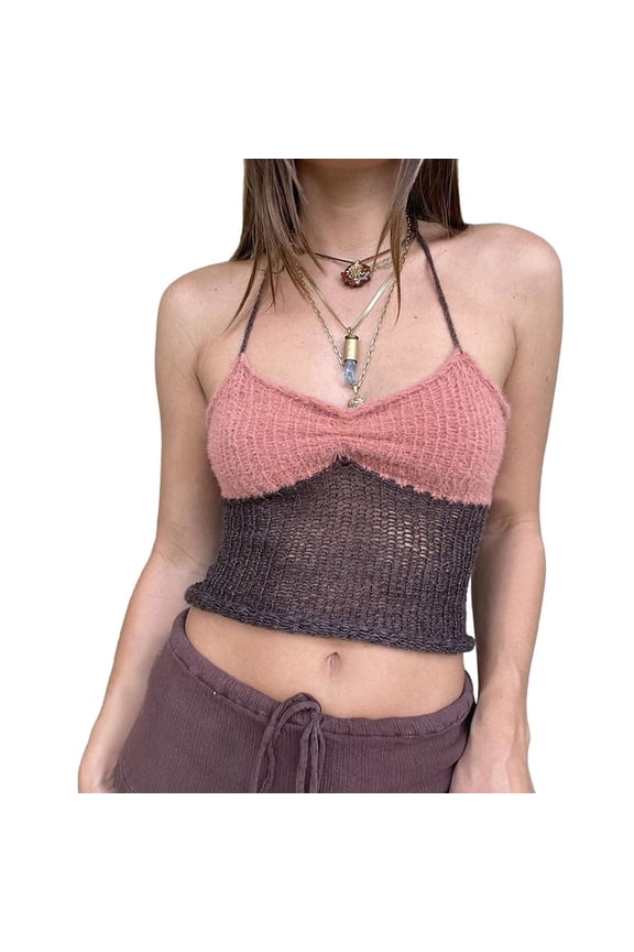 Women Halter Crochet Tops Sleeveless Knit Tank Tops Y2K Summer Crop Camisole Vest Top Pink M