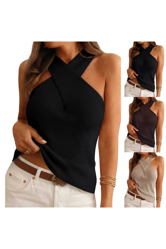 Women Halter Cross Over Collar Tank Knit Sleeveless Top Solid Color Casual Summer Blouse Black XXL