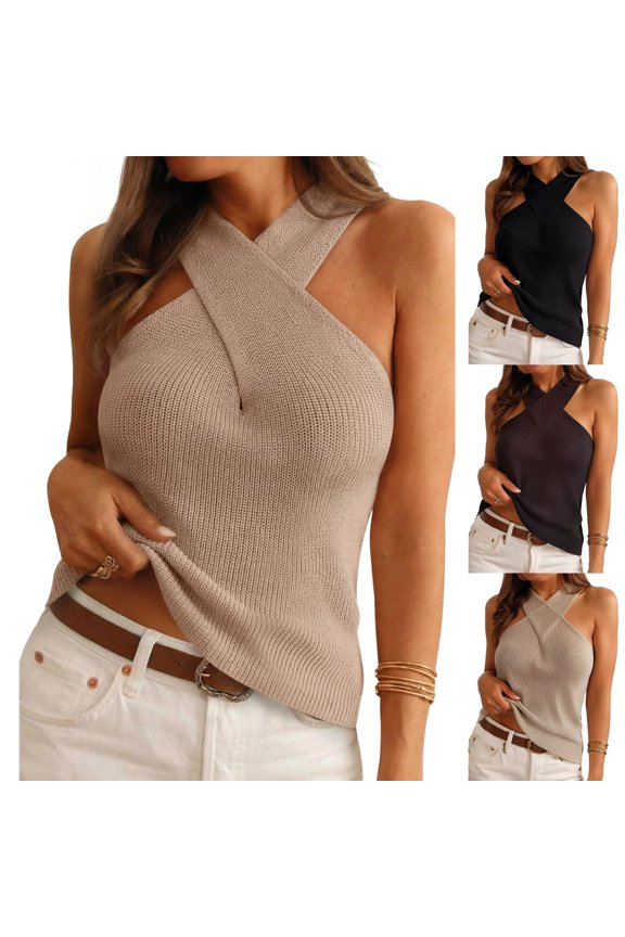 Women Halter Cross Over Collar Tank Knit Sleeveless Top Solid Color Casual Summer Blouse Khaki XL