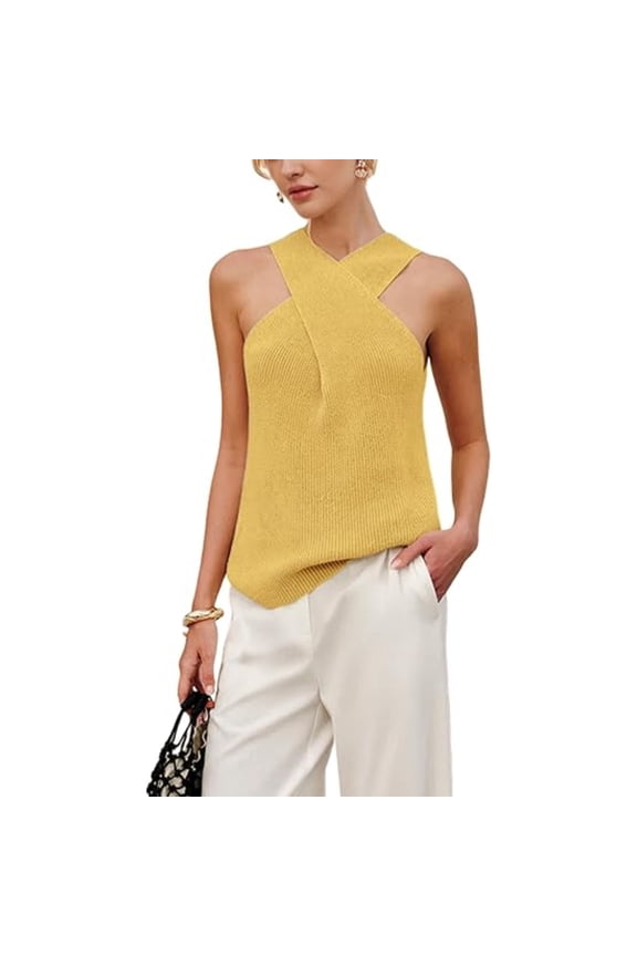 Women Halter Cross Over Collar Tank Knit Sleeveless Top Solid Color Casual Summer Blouse