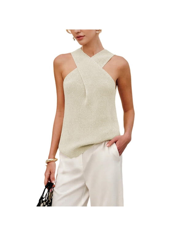 Women Halter Cross Over Collar Tank Knit Sleeveless Top Solid Color Casual Summer Blouse