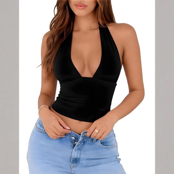Women Halter Deep V Neck Backless Crop Tank Top Open Back Sleeveless Slim Fit Y2k Summer Tops
