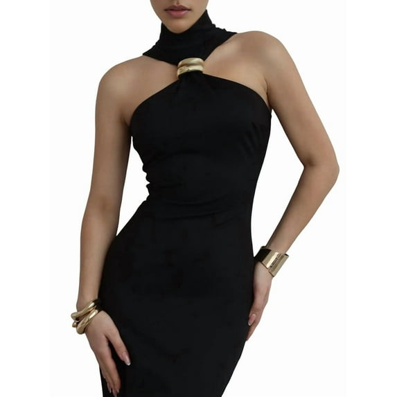 Women Halter High Neck Maxi Dress Sleeveless Back Slit Elegant Party Cocktail Wedding Guest Formal Long Dresses Black L