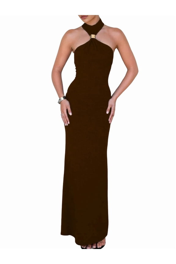 Women Halter High Neck Sleeveless Back Slit Elegant Party Cocktail Wedding Guest Formal Long Dresses Coffee Color M