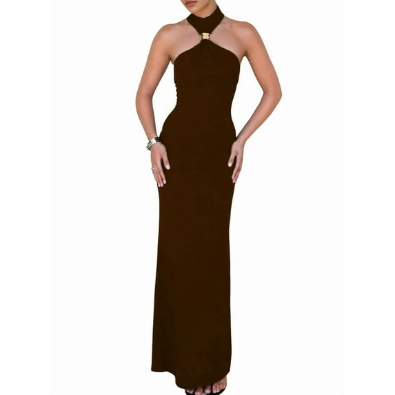 Women Halter High Neck Sleeveless Back Slit Elegant Party Cocktail Wedding Guest Formal Long Dresses Coffee Color S