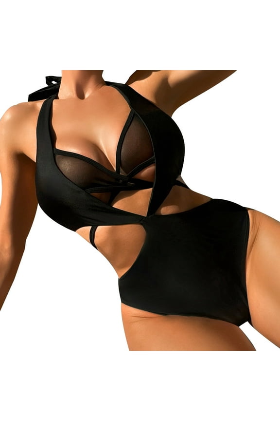 Women Halter Hollow Bikini Swimsuit - Nylon Spandex, Solid Color, High Elastic for Beach & Pool