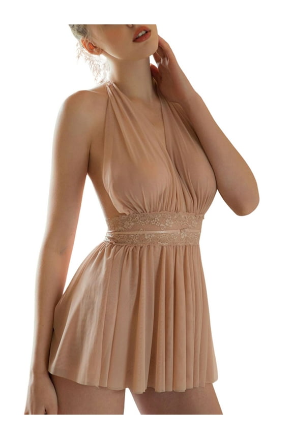 Women Halter Lingerie Dress Deep V Neck Sheer Mesh Babydoll Backless Chemise