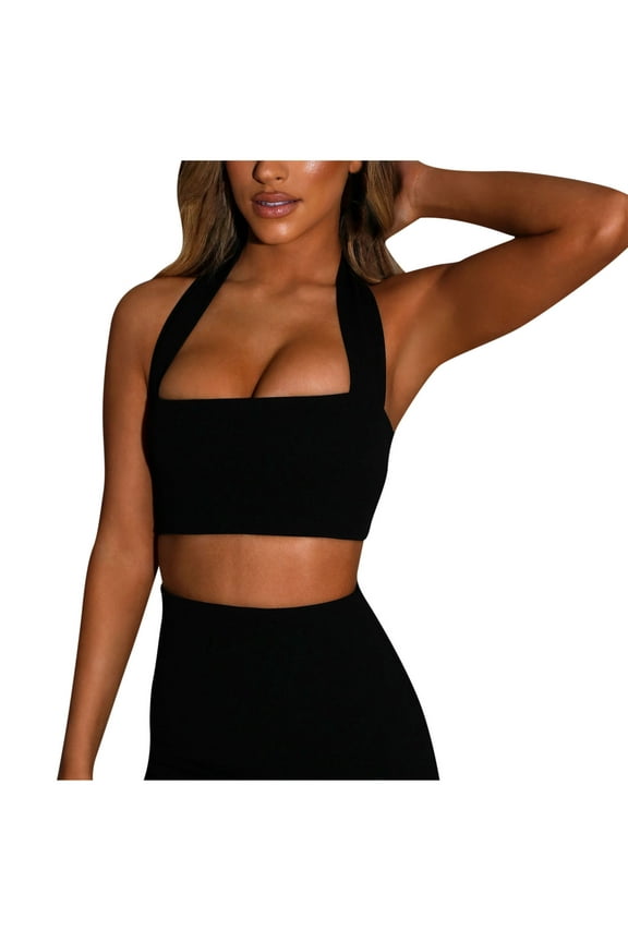 Women Halter Neck Backless Crop Top Sexy Longline Sports Bra Zip Back Slim Fit Padded Yoga Camisole with Built in Pads