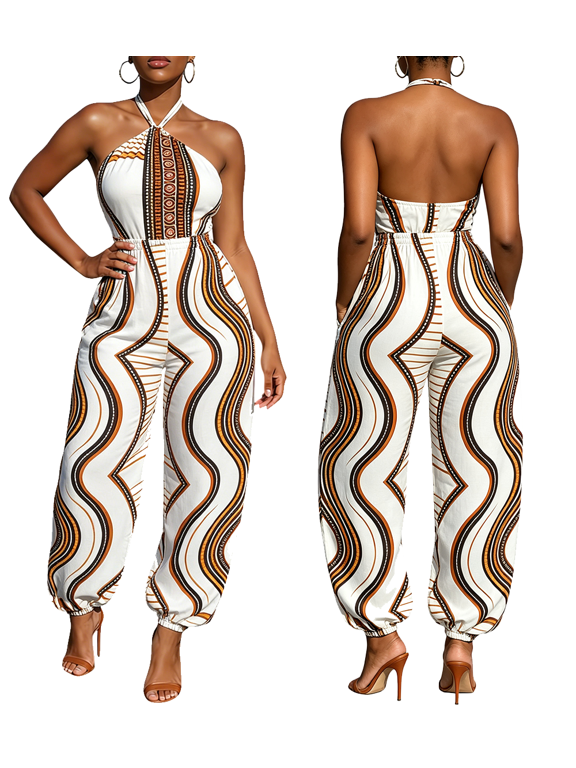 Women Halter Neck Backless Dashiki African Tribal Print Jumpsuit, Sleeveless Elastic High Waist Loose Harem One Piece Jumpsuit with Side Pockets, Outfit for Vacation Daily Streetwear