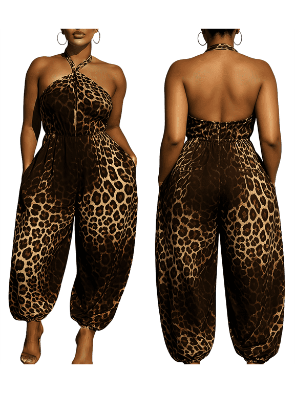 Women Halter Neck Backless Jumpsuit, Leopard Animal Print Sleeveless One Piece Outfit, Elastic High Waist Loose Harem Jumpsuit with Side Pockets for Vacation Daily Wear
