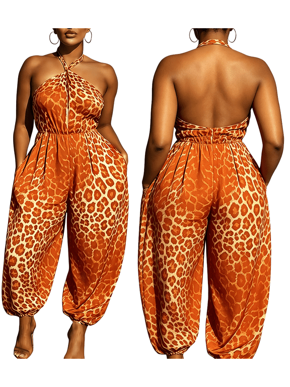 Women Halter Neck Backless Jumpsuit, Leopard Animal Print Sleeveless One Piece Outfit, Elastic High Waist Loose Harem Jumpsuit with Side Pockets for Vacation Daily Wear