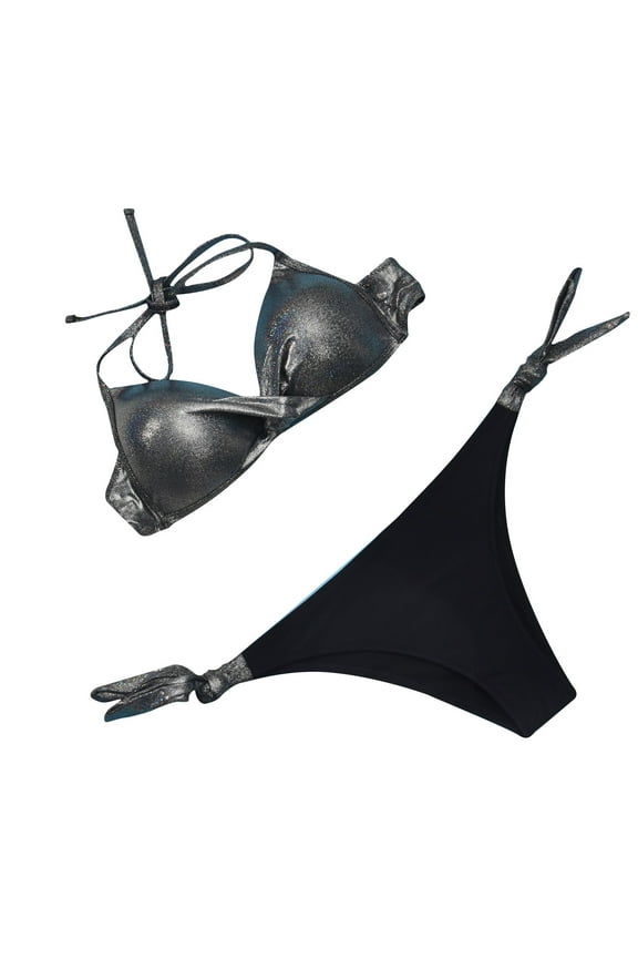 Women Halter Neck Bathing Suit Side Sequins Bikini Swimsuit Set for Women Beach Padded Bra Swimsuits