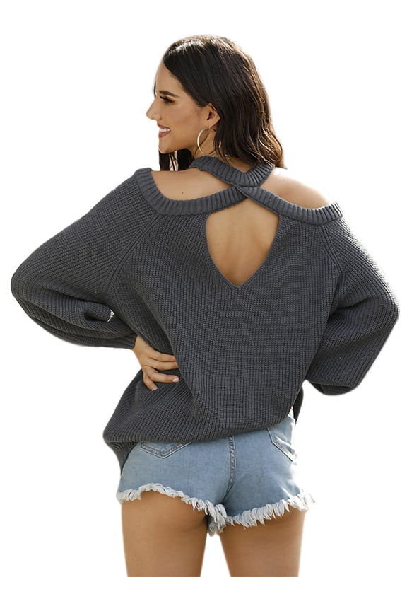 Women Halter Neck Knitted Pullover Sweater Off Shoulder Long Sleeve Loose Casual Blouse, Gray, Large