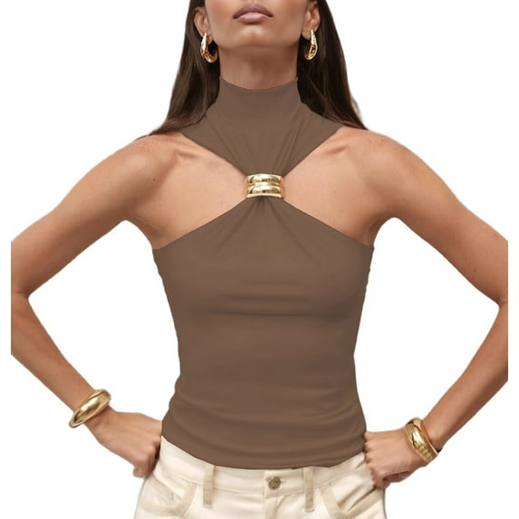 Women Halter Neck Pleated Twist Front Tank Tops Trendy Slim Fit Sleeveless Hollow Out Halter Top Clubwear Brown M