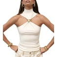 thumbnail image 1 of Women Halter Neck Pleated Twist Front Tank Tops Trendy Slim Fit Sleeveless Hollow Out Halter Top Clubwear Cream White M, 1 of 9
